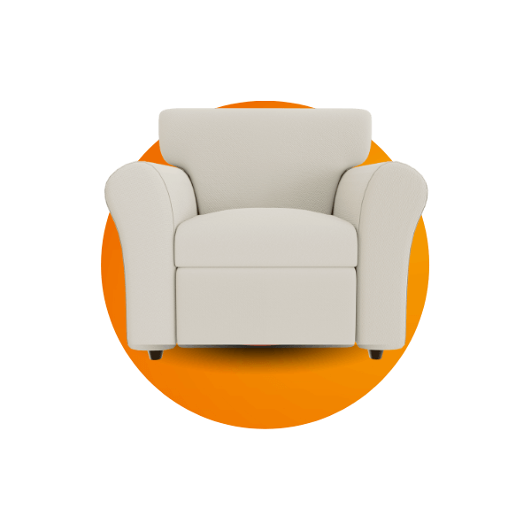 Poltrona bege estofada de design moderno sobre fundo circular laranja