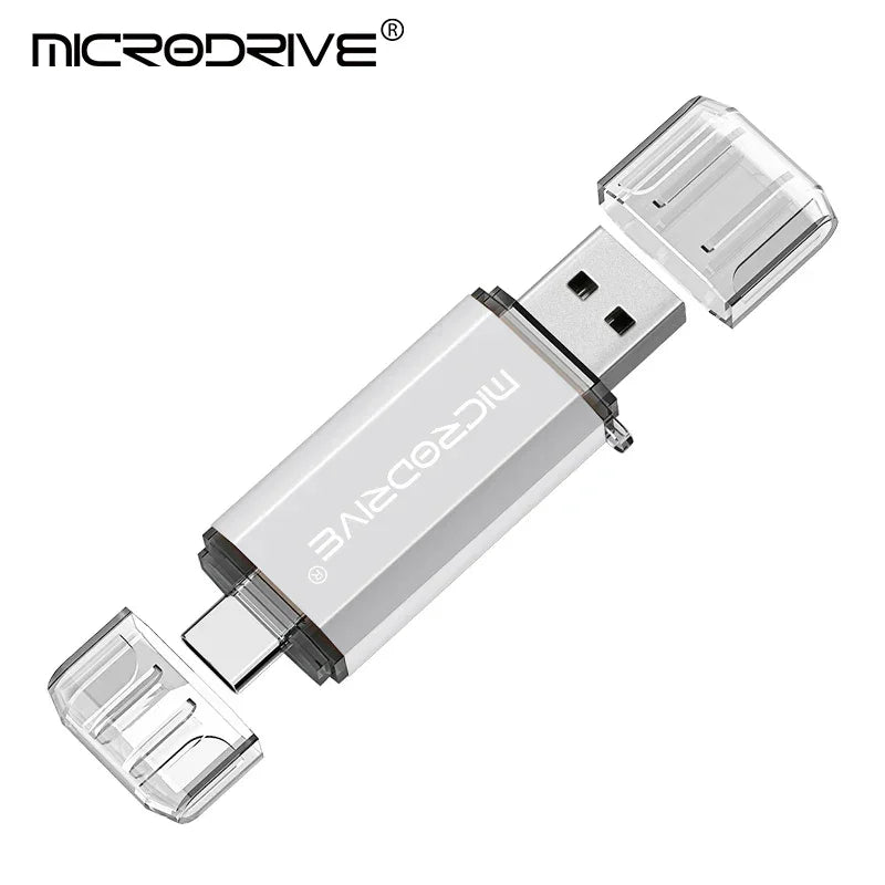 Pendrive Microdrive USB e USB-C branco com tampas transparentes em fundo branco