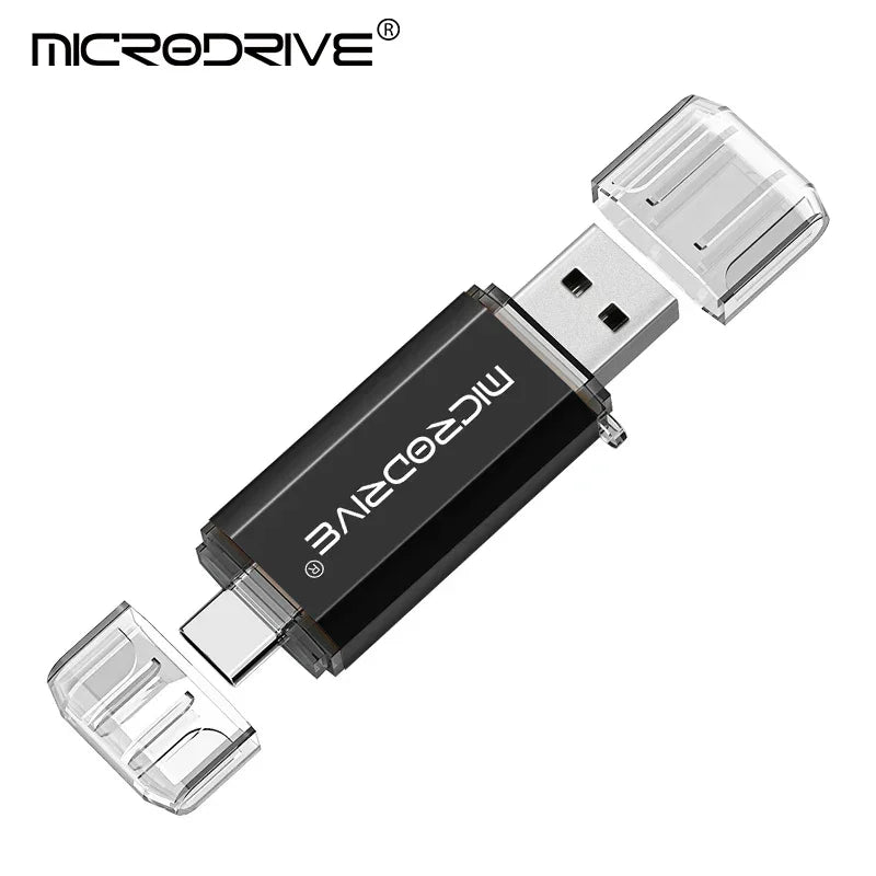 Pen drive Microdrive preto com conector USB e USB-C, tampa transparente, fundo branco