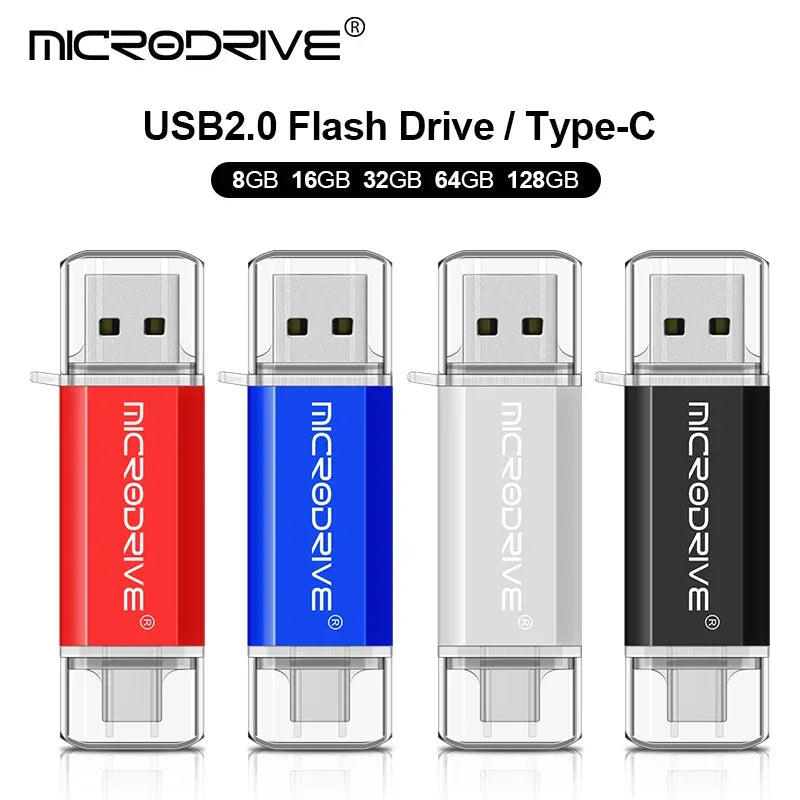 Pen drives USB2.0 Microdrive tipo C nas cores vermelho, azul, prata e preto, várias capacidades.