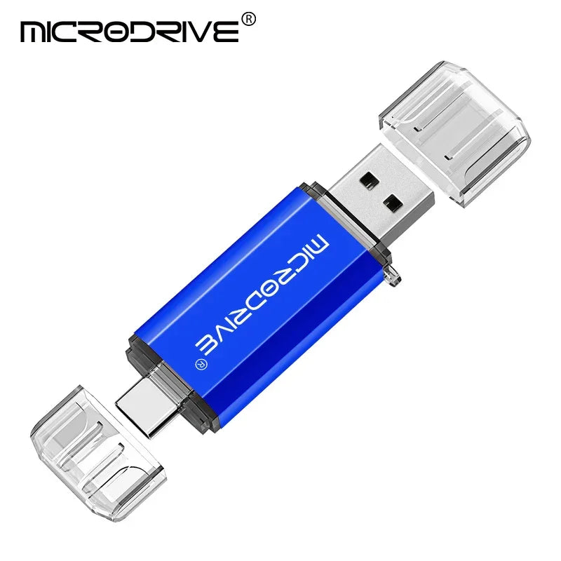 Pen drive Microdrive azul com conectores USB e USB-C, tampas transparentes, fundo branco