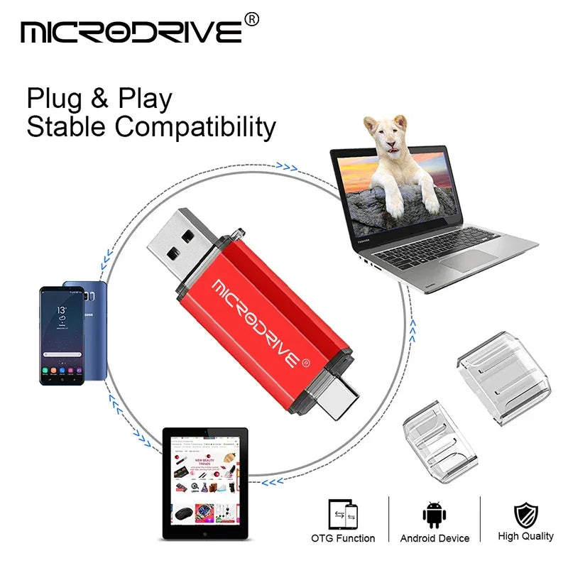 Pen drive Microdrive vermelho USB e Tipo-C para celular, tablet e notebook, compatibilidade OTG.