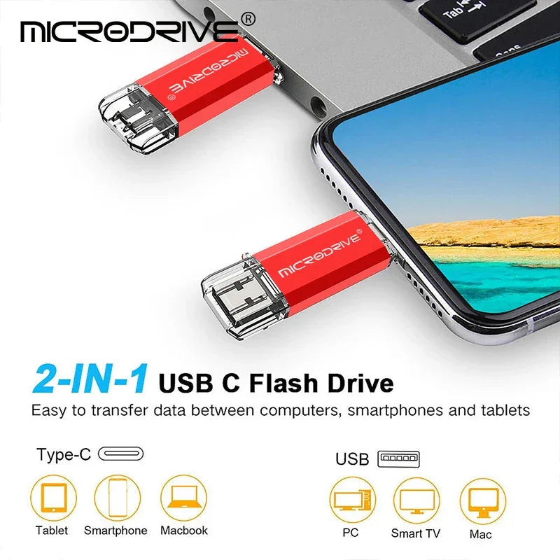 Pen drive USB-C Microdrive vermelho conectado em laptop e smartphone, ideal para backup rápido.