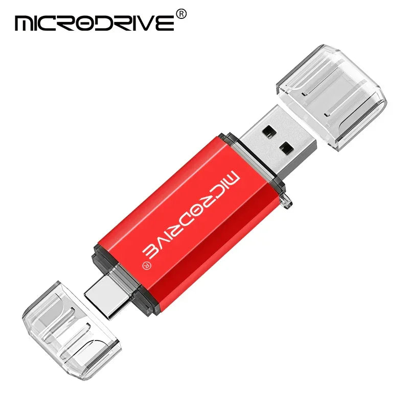 Pen drive Microdrive vermelho USB e USB-C com tampas transparentes