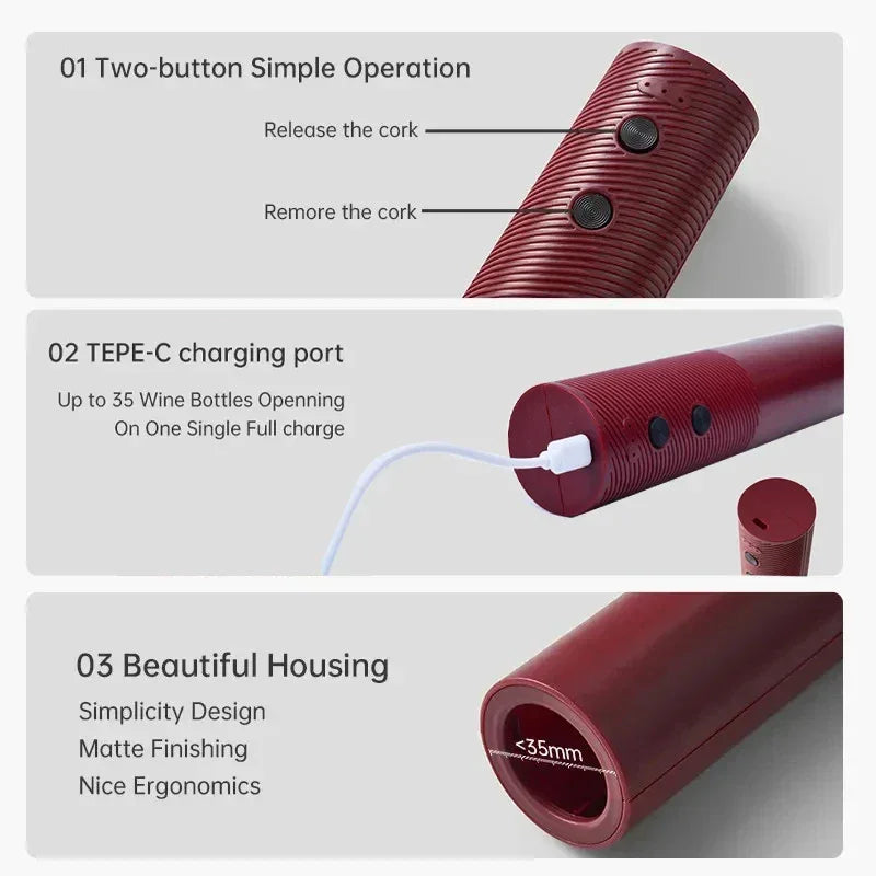 Abridor de vinho elétrico vermelho com botões, entrada USB-C, acabamento fosco e design ergonômico.