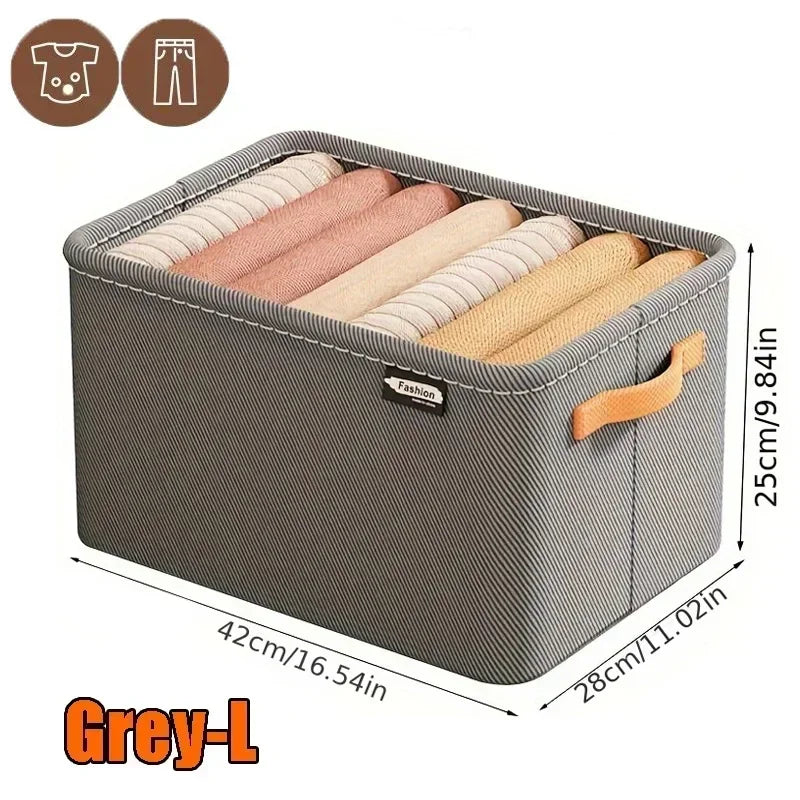 Cesto organizador cinza grande Grey-L para roupas, com alças laterais e dimensões destacadas