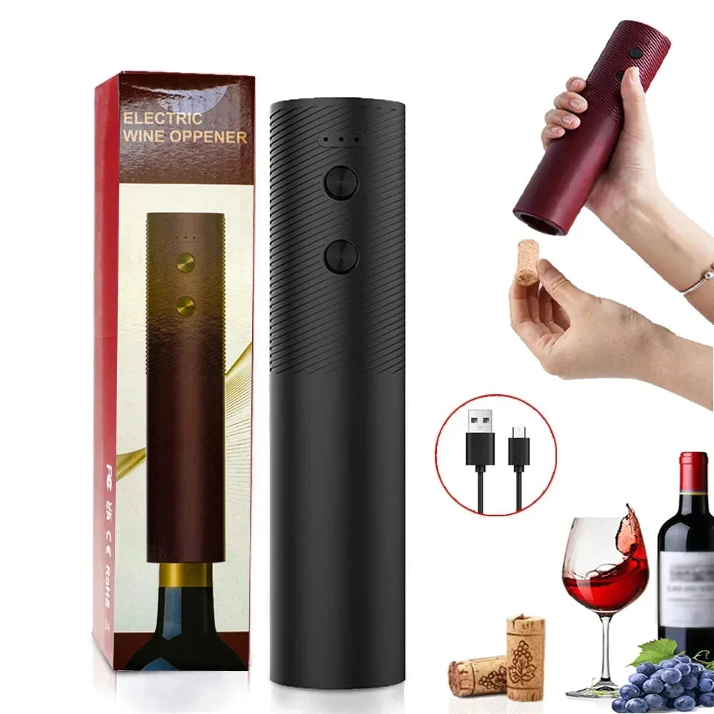 Abridor de vinho elétrico preto com caixa, cabo USB, rolhas e vinho em cena elegante.