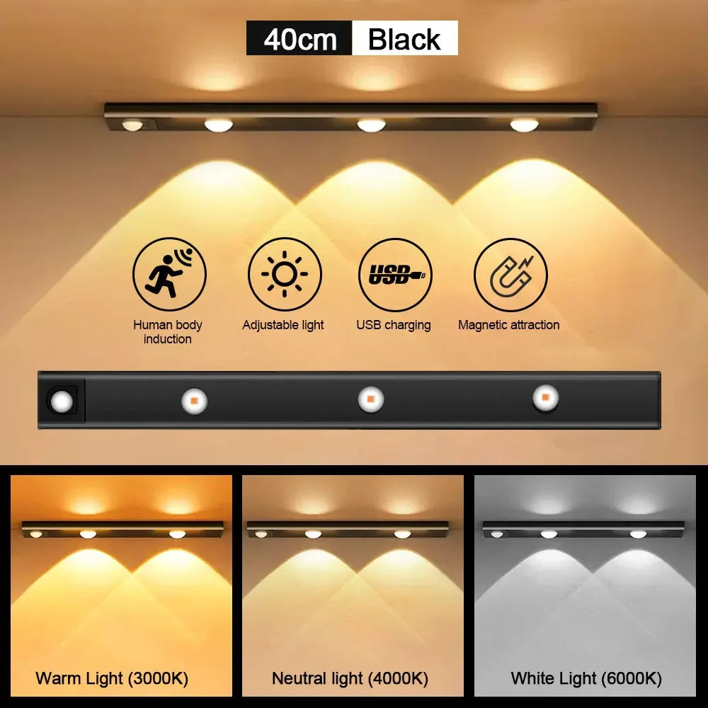 Luminária LED preta 40cm com sensor de movimento, luz ajustável, recarga USB, luz quente, neutra e branca.