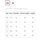 Tabela de medidas feminina em cm para tamanhos XS a XL, com busto, ombro, manga e comprimento.