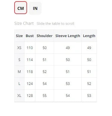 Tabela de medidas feminina em cm para tamanhos XS a XL, com busto, ombro, manga e comprimento.