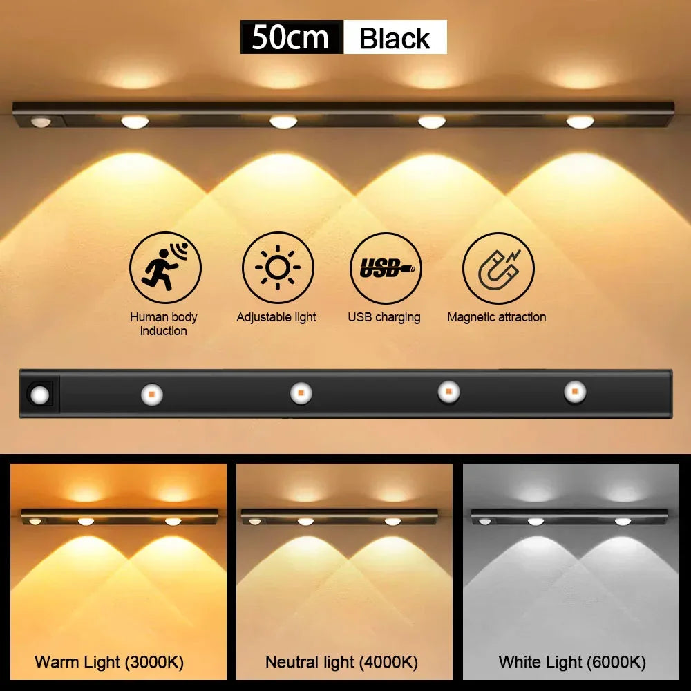 Luminária de led preta 50cm, luz ajustável, indução, recarga USB e atração magnética