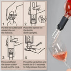 Instruções ilustradas para abridor de vinho elétrico e garrafa servindo vinho rosé em taça.