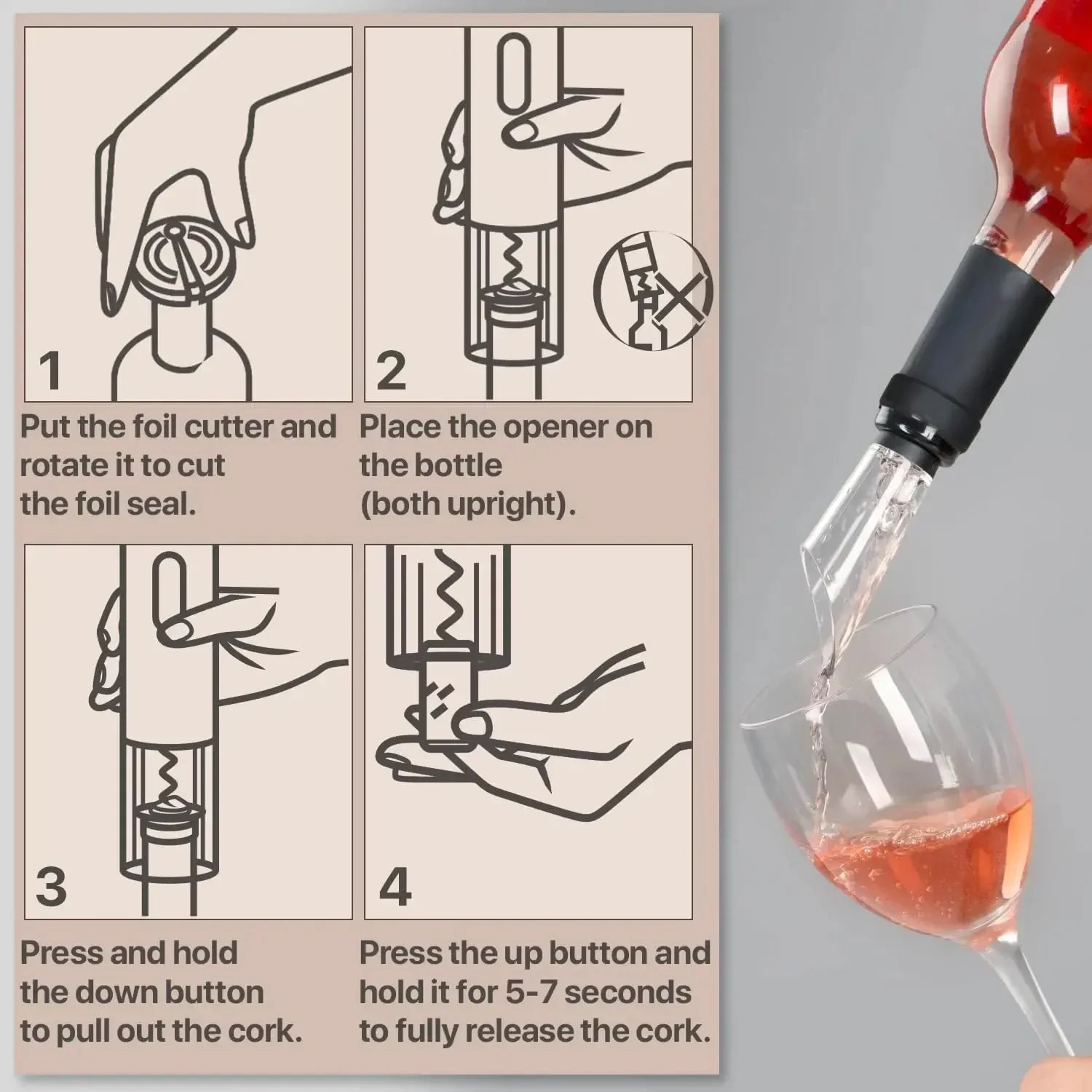 Instruções ilustradas para abridor de vinho elétrico e garrafa servindo vinho rosé em taça.