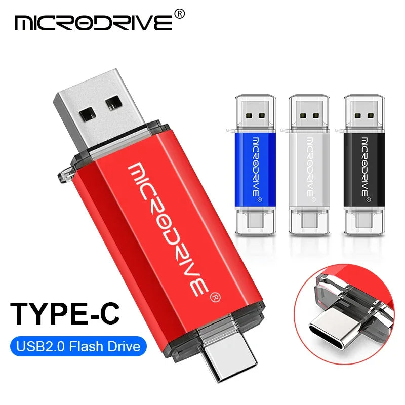 Pen drive Microdrive USB 2.0 tipo C vermelho, azul, branco e preto, conectores expostos