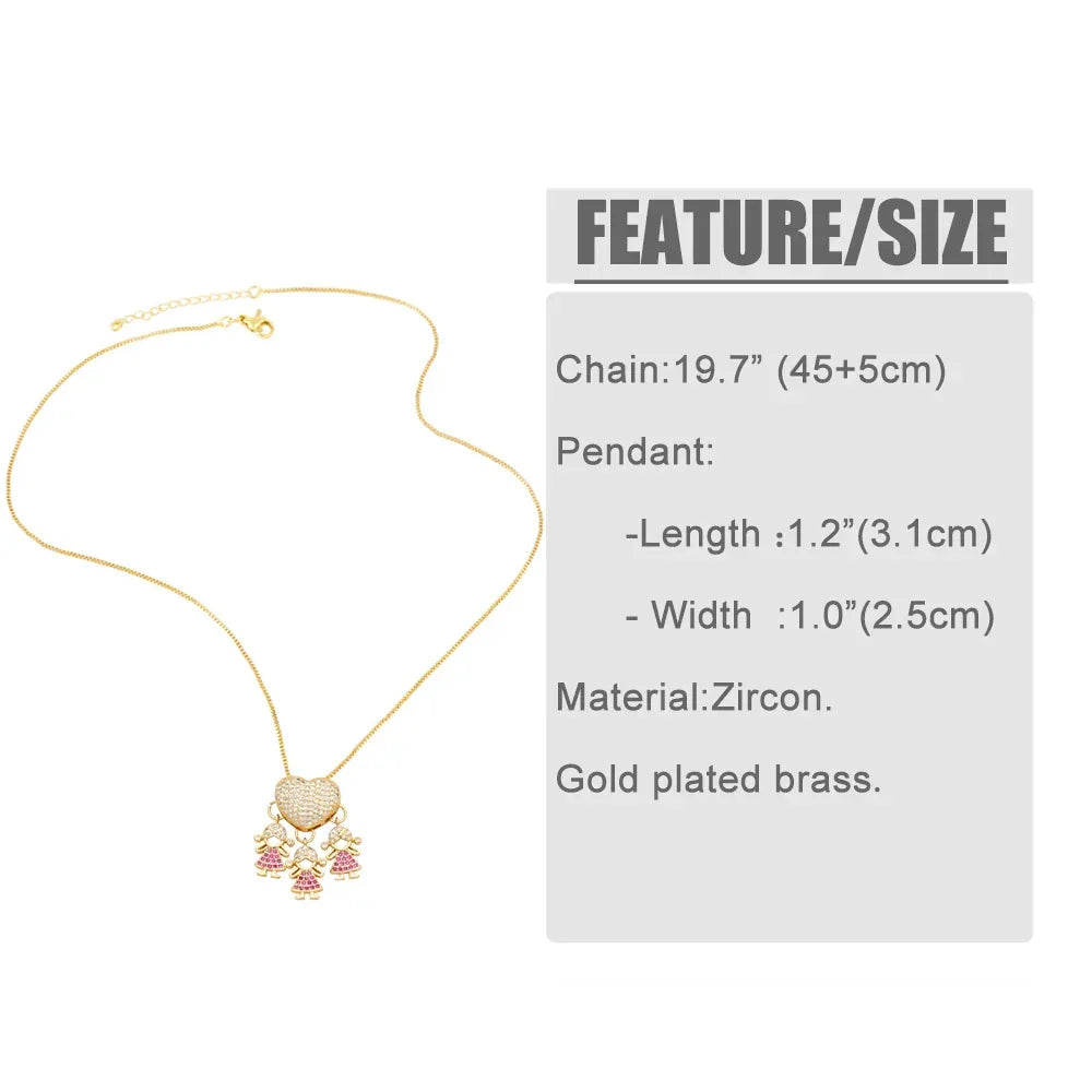 Colar dourado de latão com pingente de zircônia, detalhes rosa, medidas e materiais descritos.