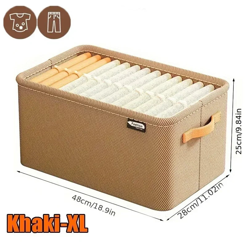 Organizador de roupas dobráveis tamanho XL khaki com alças, divisórias internas e medidas