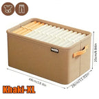 Organizador de roupas dobráveis tamanho XL khaki com alças, divisórias internas e medidas