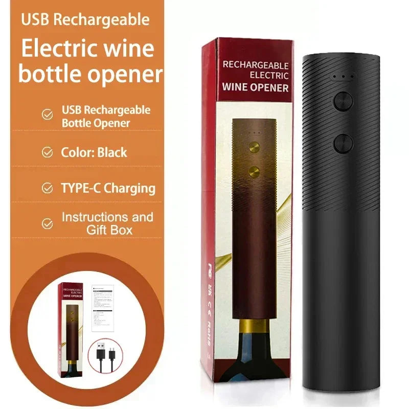 Abridor de vinho elétrico USB recarregável preto com caixa, carregador tipo C e manual.