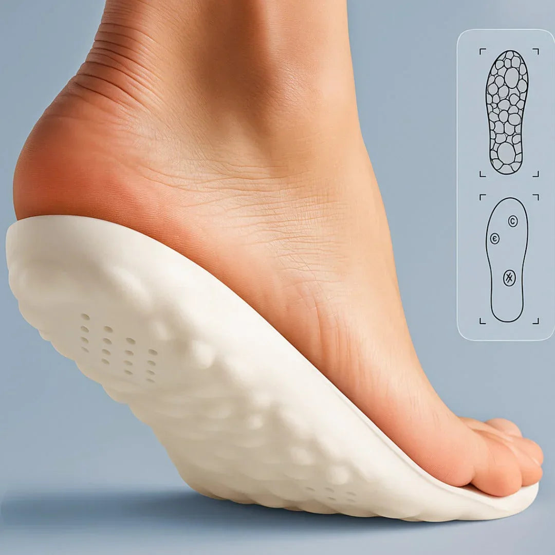 Palmilha ortopédica branca sob o pé, foco em conforto e absorção de impacto.