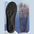 Palmilha preta de reflexologia ao lado de um pé com pontos de acupuntura desenhados.