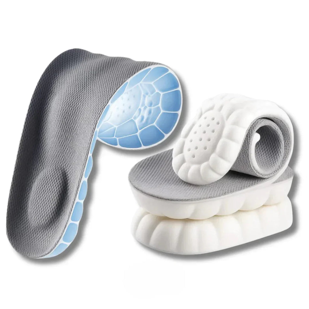 Palmilha ortopédica cinza com almofada em gel azul e base branca, vista em destaque.